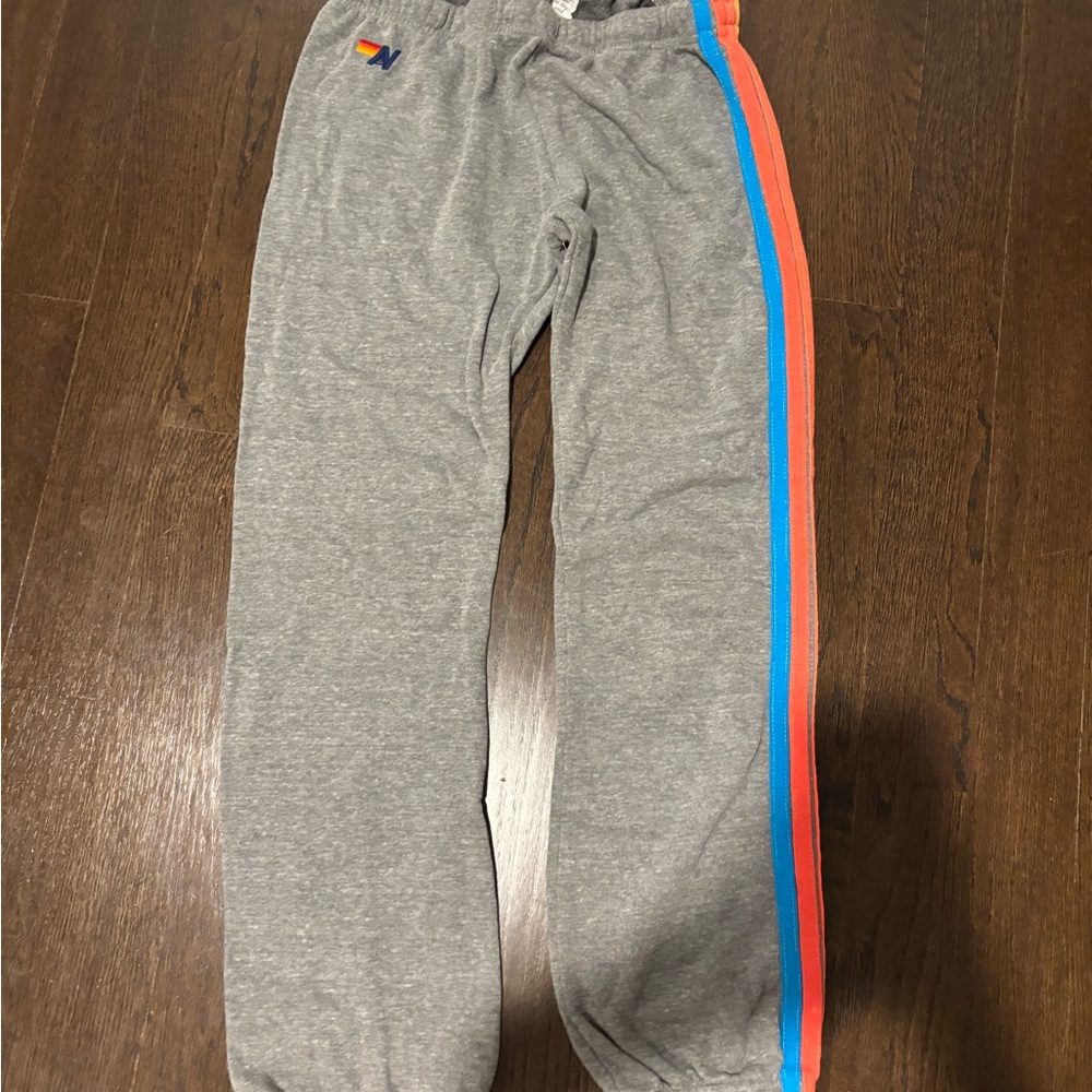Aviator nation woman’s Gray  Joggers with Blue and Orange Stripes